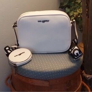 Karl Lagerfeld White Leather Crossbody with Logo Webbing Strap